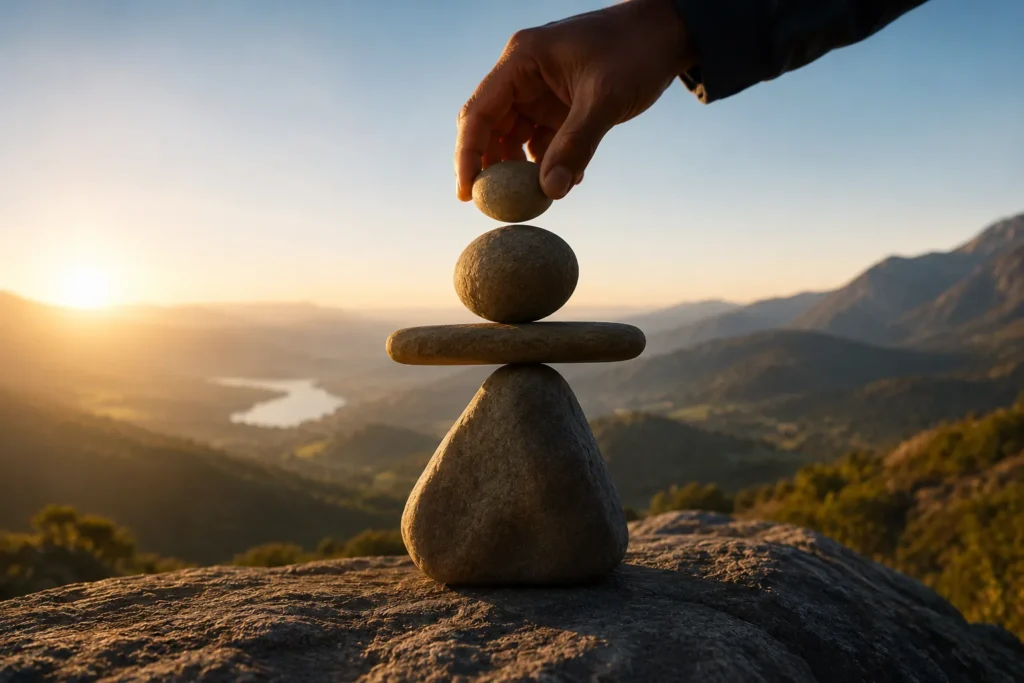 M&atilde;os equilibrando pedras sobre uma paisagem montanhosa ao p&ocirc;r do sol