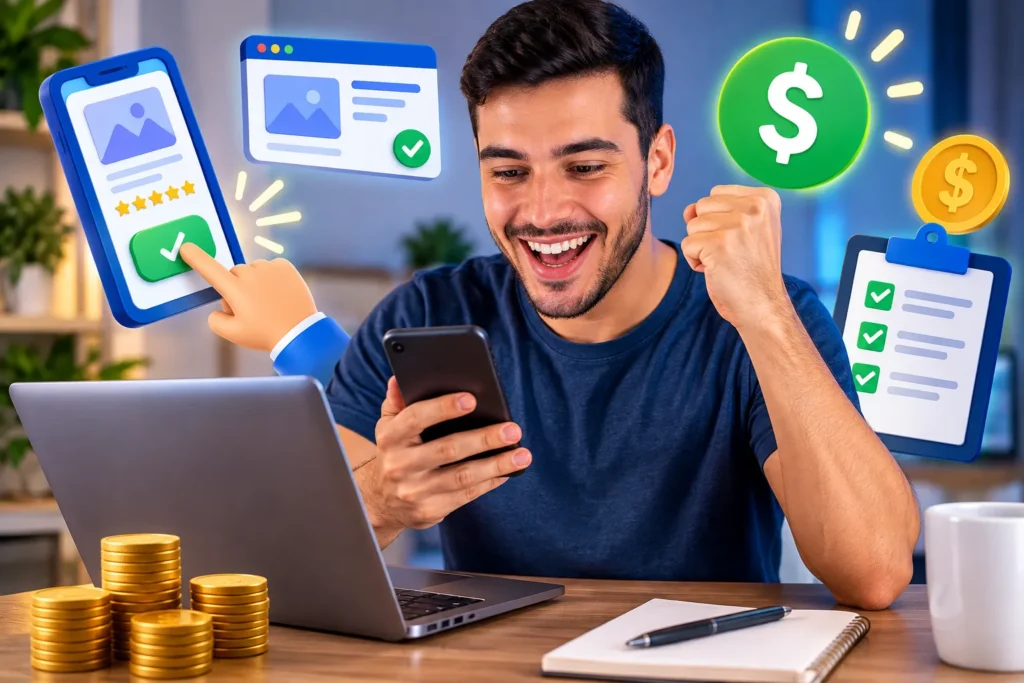 Pessoa utilizando smartphone e notebook para ganhar dinheiro testando aplicativos e sites, realizando avaliações em plataformas online.