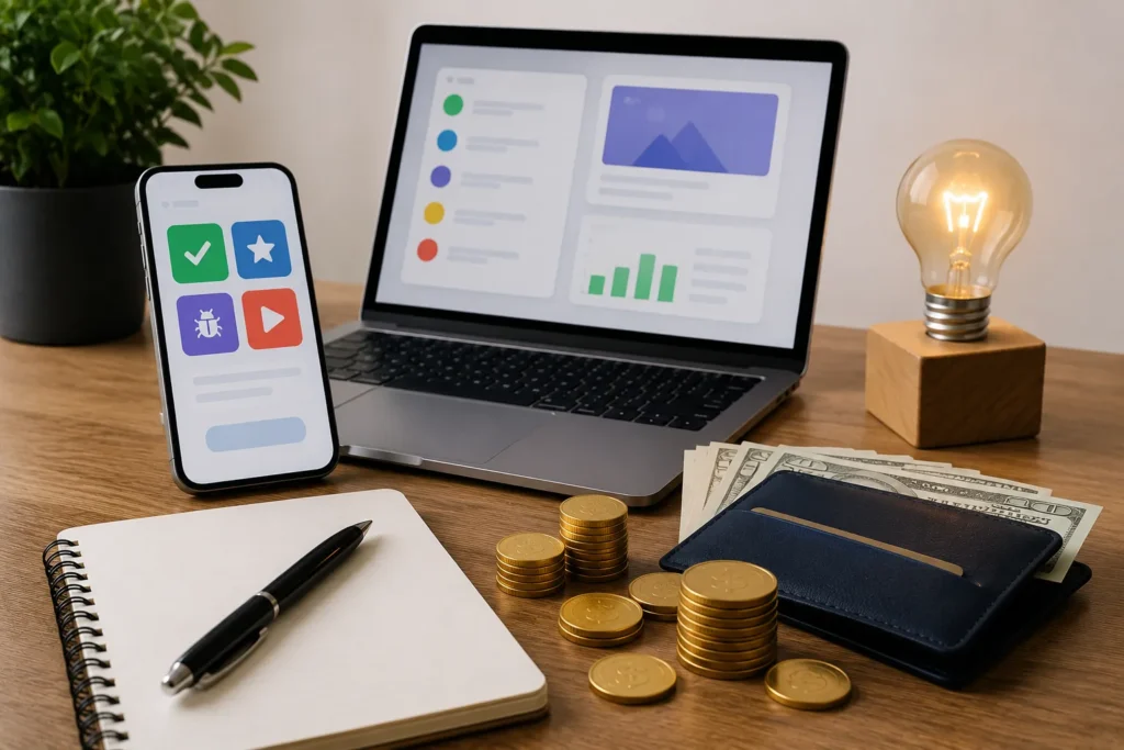 Mesa de trabalho com notebook, smartphone, dinheiro e moedas representando a possibilidade de ganhar dinheiro testando aplicativos e sites em plataformas online.