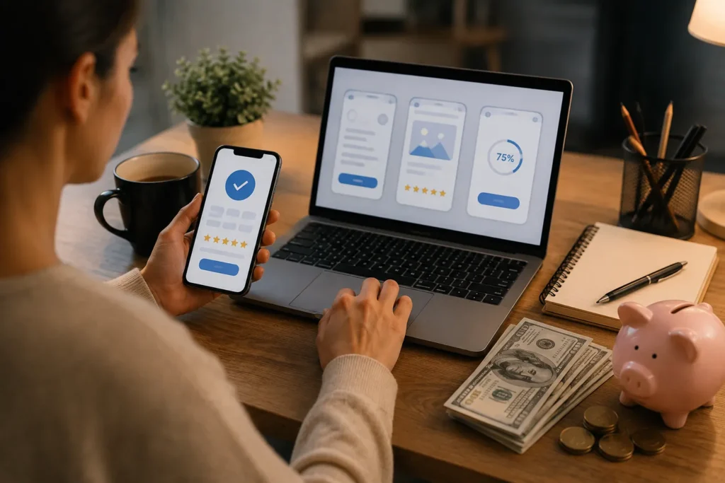 Pessoa utilizando notebook e smartphone para ganhar dinheiro testando aplicativos e sites e enviando avaliações sobre a experiência de uso.