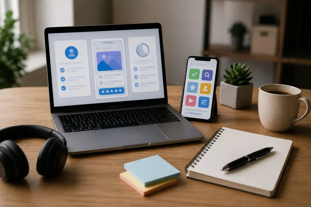 Notebook e smartphone preparados para ganhar dinheiro testando aplicativos e sites em plataformas de testes de usabilidade.
