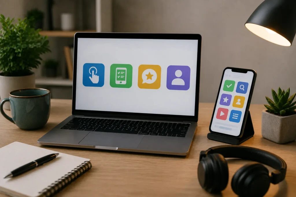 Notebook e smartphone utilizados para ganhar dinheiro testando aplicativos e sites, representando uma atividade acessível para iniciantes sem experiência.