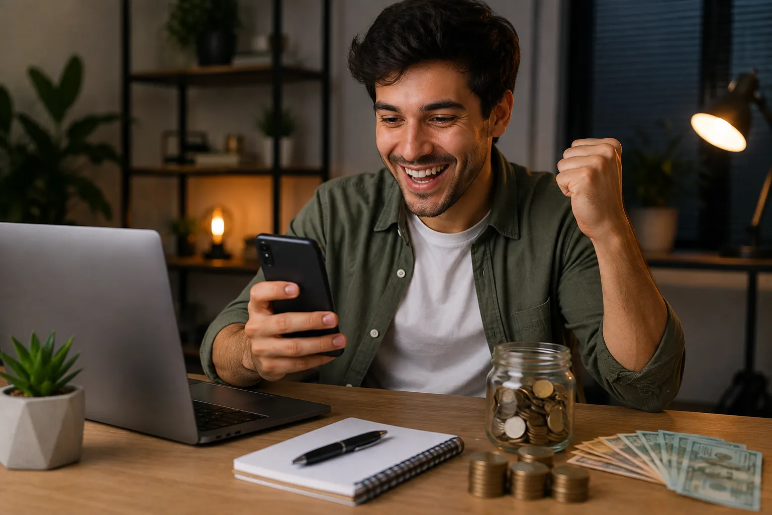 Pessoa comemorando ao ganhar dinheiro testando aplicativos e sites utilizando smartphone e notebook em um ambiente de trabalho.