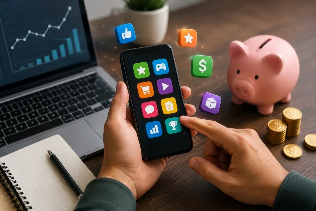 Pessoa utilizando um smartphone e um notebook para ganhar dinheiro testando aplicativos e sites por meio de plataformas de avaliações online.
