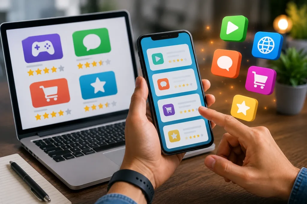 Pessoa utilizando um smartphone e um notebook para encontrar os melhores sites para ganhar dinheiro testando aplicativos e sites e realizar avaliações remuneradas.