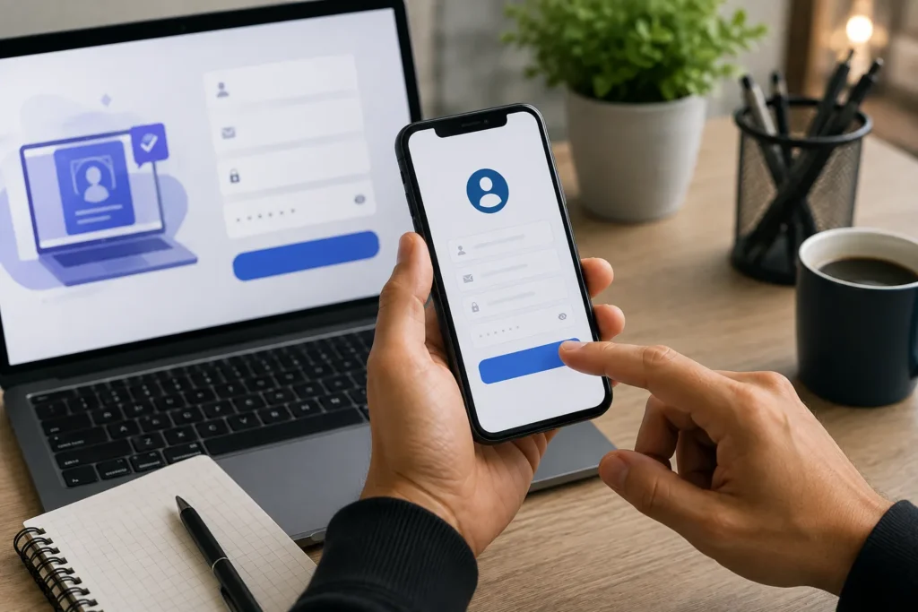 Pessoa realizando um cadastro em uma plataforma online utilizando um smartphone, com um notebook aberto ao fundo em um ambiente de trabalho.