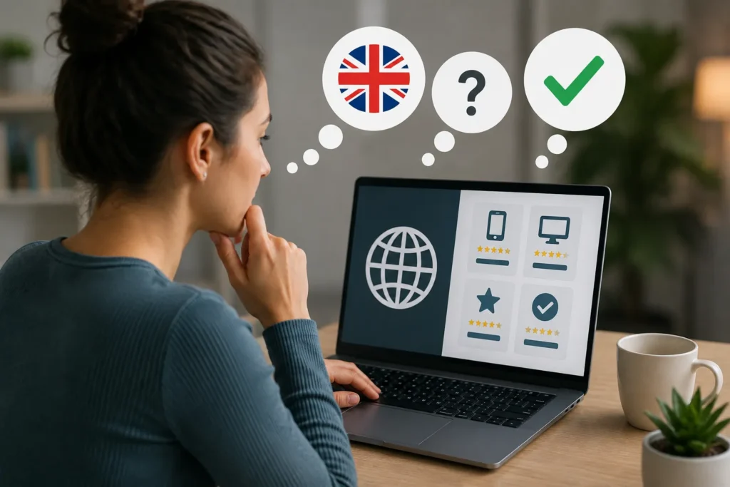 Pessoa utilizando um notebook enquanto avalia plataformas online, com elementos que representam idioma, dúvidas e aprovação durante o processo.