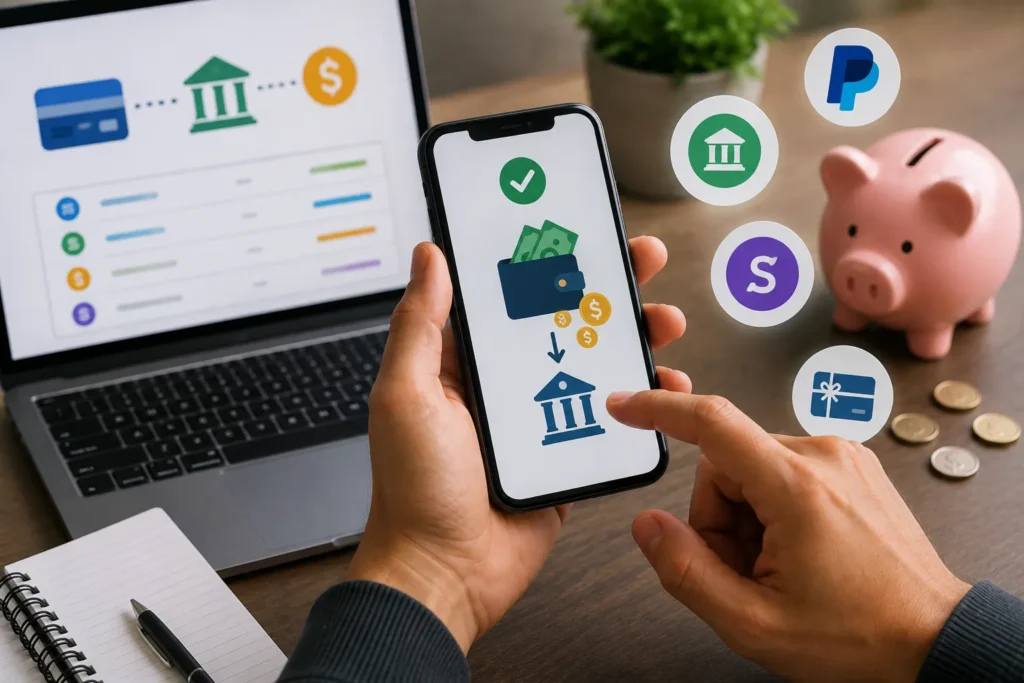 Pessoa utilizando um smartphone para visualizar opções de pagamento digital enquanto um notebook exibe informações financeiras ao fundo.