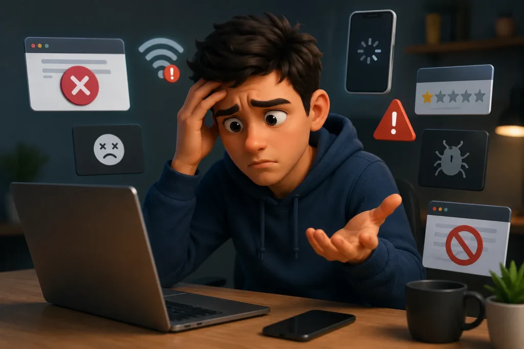Pessoa preocupada utilizando um notebook enquanto enfrenta dificuldades durante atividades online, com ícones que representam erros, falhas e problemas técnicos.