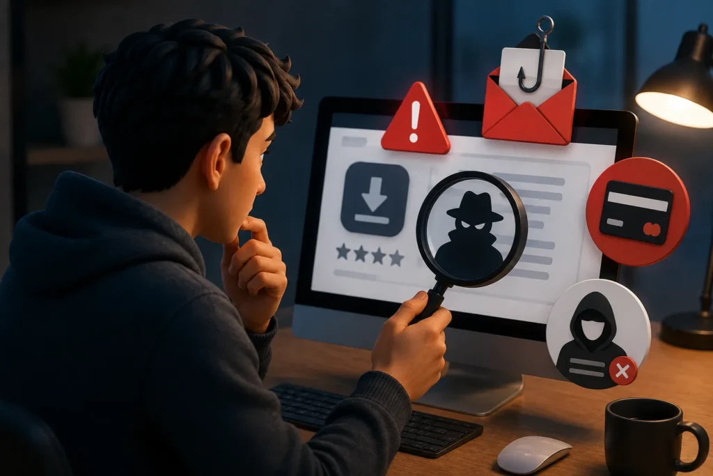 Pessoa analisando informações em um computador com uma lupa, enquanto símbolos de alerta representam riscos e possíveis fraudes em plataformas digitais.