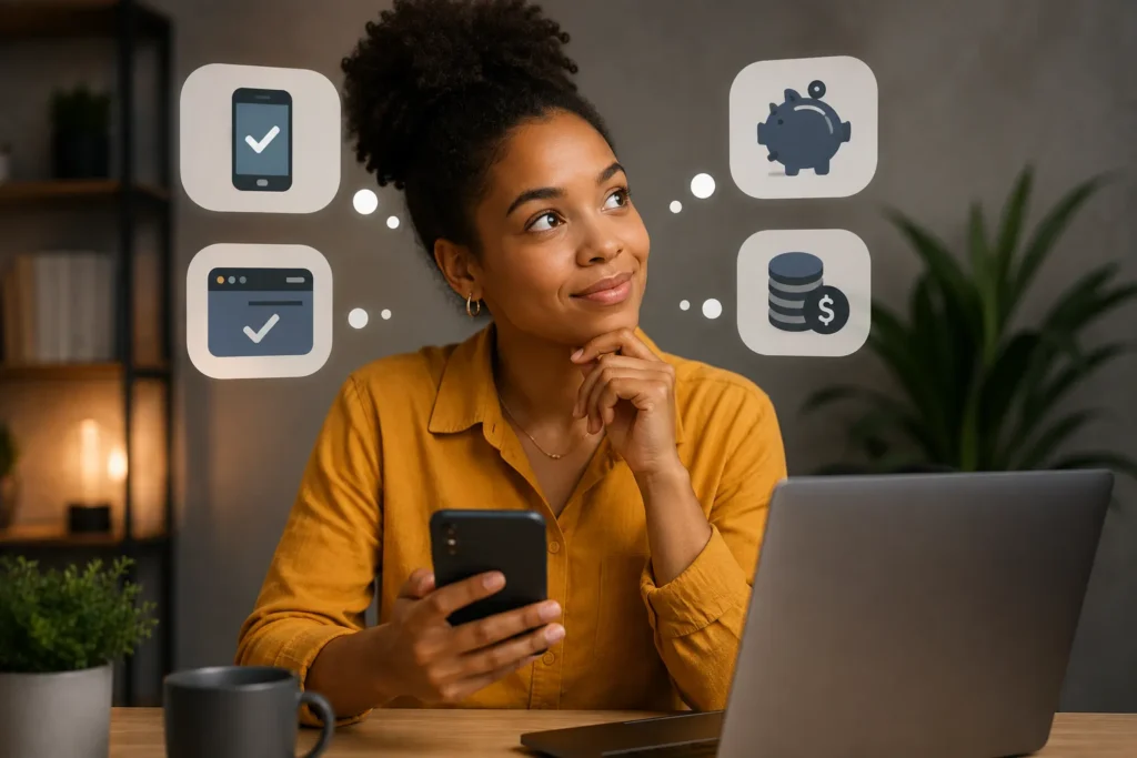 Mulher utilizando um smartphone e um notebook enquanto analisa oportunidades de atividades online em um ambiente de trabalho moderno.