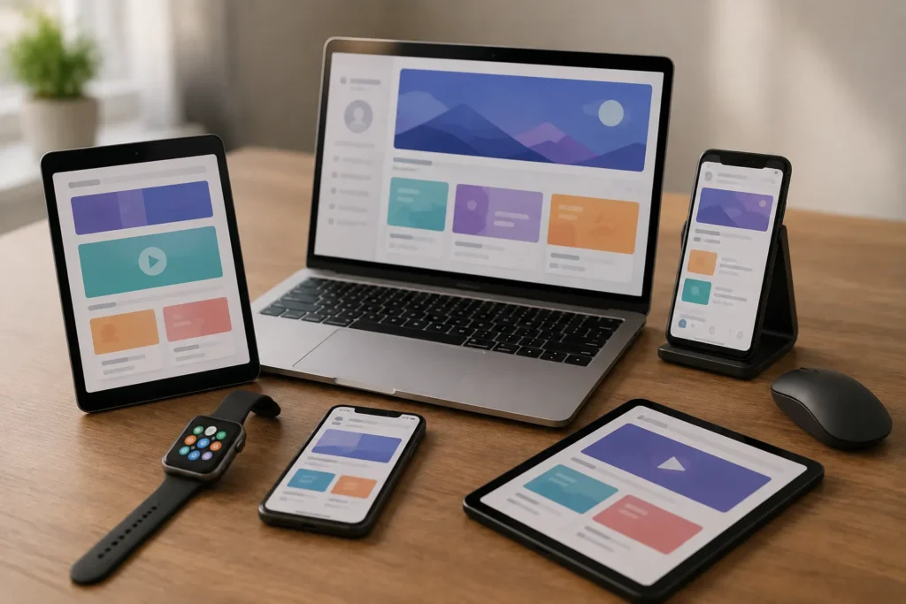 Notebook, tablets, smartphone, smartwatch e mouse organizados sobre uma mesa, representando diferentes dispositivos utilizados para acessar plataformas digitais.