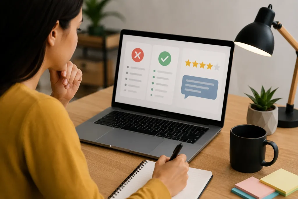 Pessoa utilizando um notebook e fazendo anotações em um caderno enquanto avalia informações durante uma atividade online.