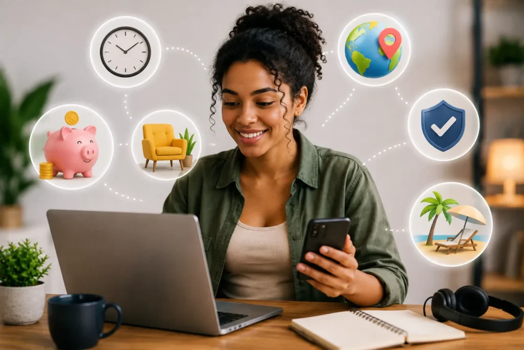 Mulher utilizando um notebook e um smartphone em um ambiente de trabalho, com elementos visuais que representam praticidade, economia de tempo, segurança e flexibilidade.