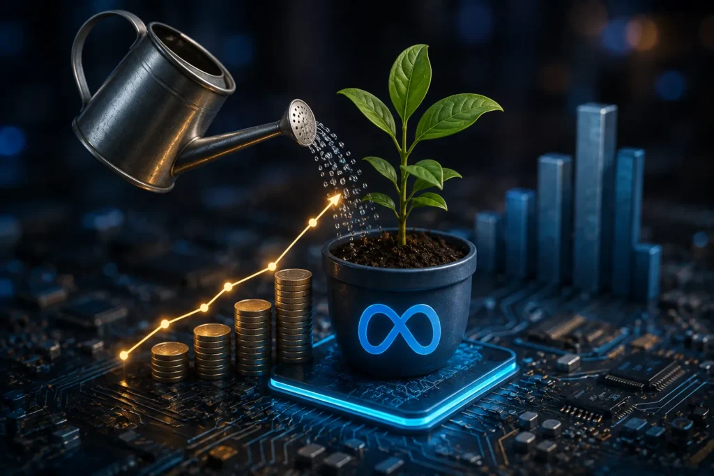 Planta crescendo em uma plataforma tecnológica cercada por moedas e gráficos de desempenho