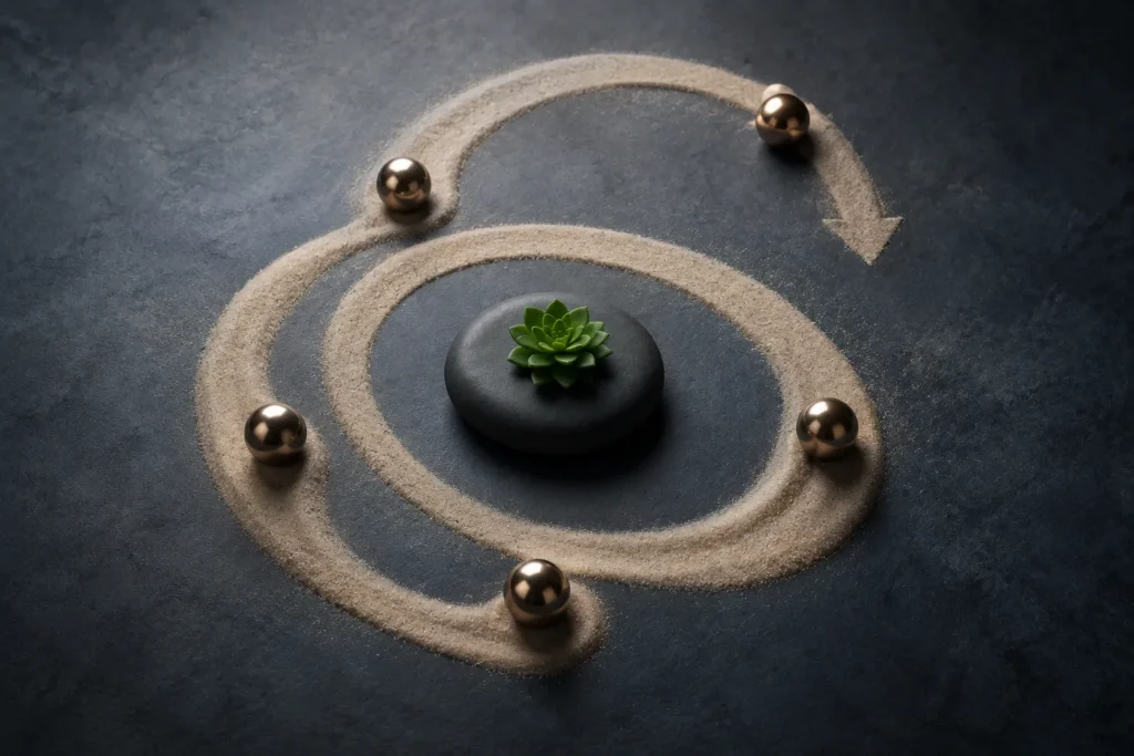 Ciclo de otimização representado por um caminho circular com etapas organizadas