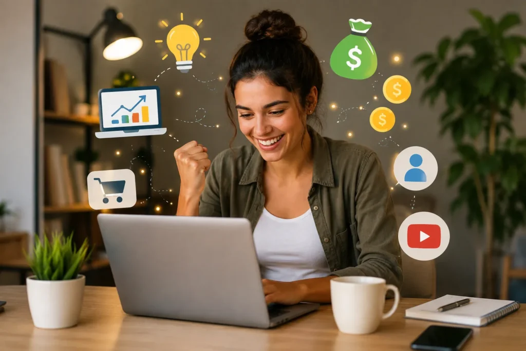 Pessoa iniciando sua jornada para ganhar dinheiro na internet trabalhando em um notebook em um ambiente organizado.