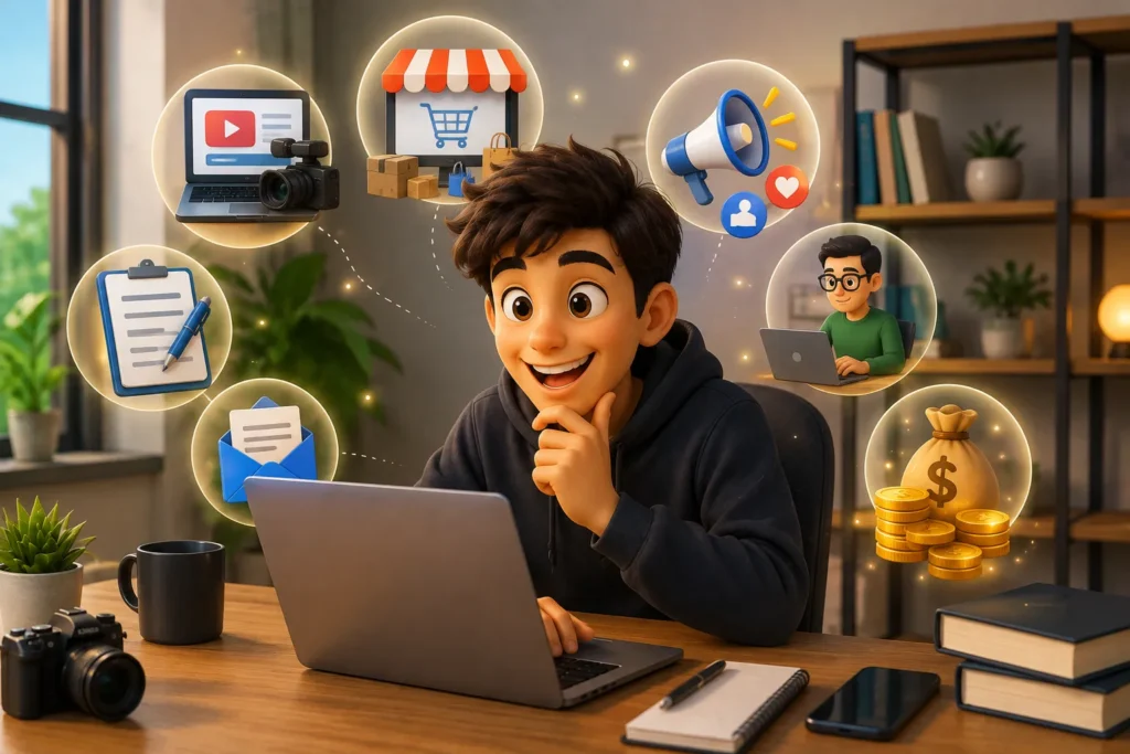 Ilustra&ccedil;&atilde;o de uma pessoa explorando diferentes formas de ganhar dinheiro na internet utilizando um notebook e ferramentas do mercado digital.