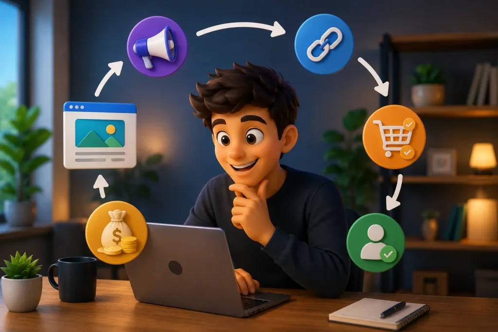 Pessoa utilizando um notebook para aprender como ganhar dinheiro na internet por meio do marketing de afiliados.