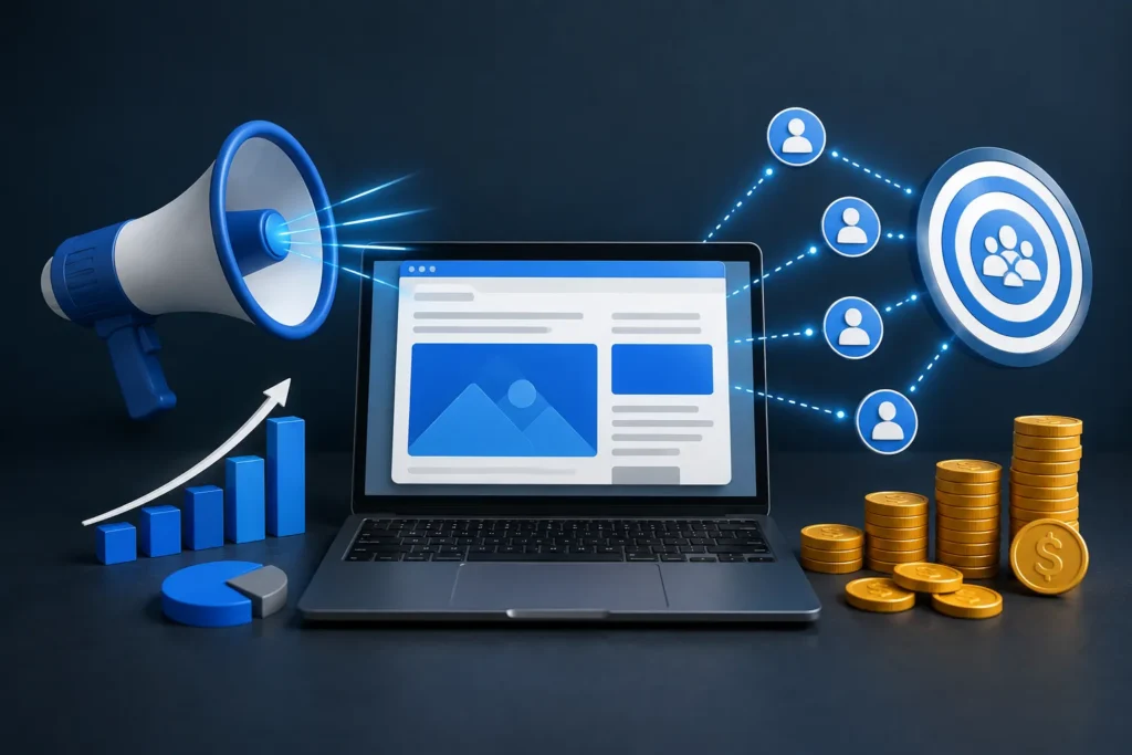 Ilustra&ccedil;&atilde;o representando como ganhar dinheiro na internet utilizando estrat&eacute;gias de tr&aacute;fego pago para atrair clientes e aumentar as vendas.