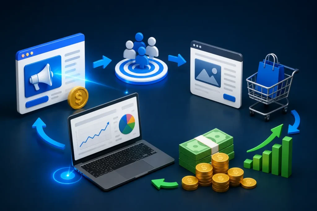 Ilustra&ccedil;&atilde;o mostrando como ganhar dinheiro na internet com tr&aacute;fego pago, representando an&uacute;ncios, p&uacute;blico-alvo, vendas e crescimento dos resultados.