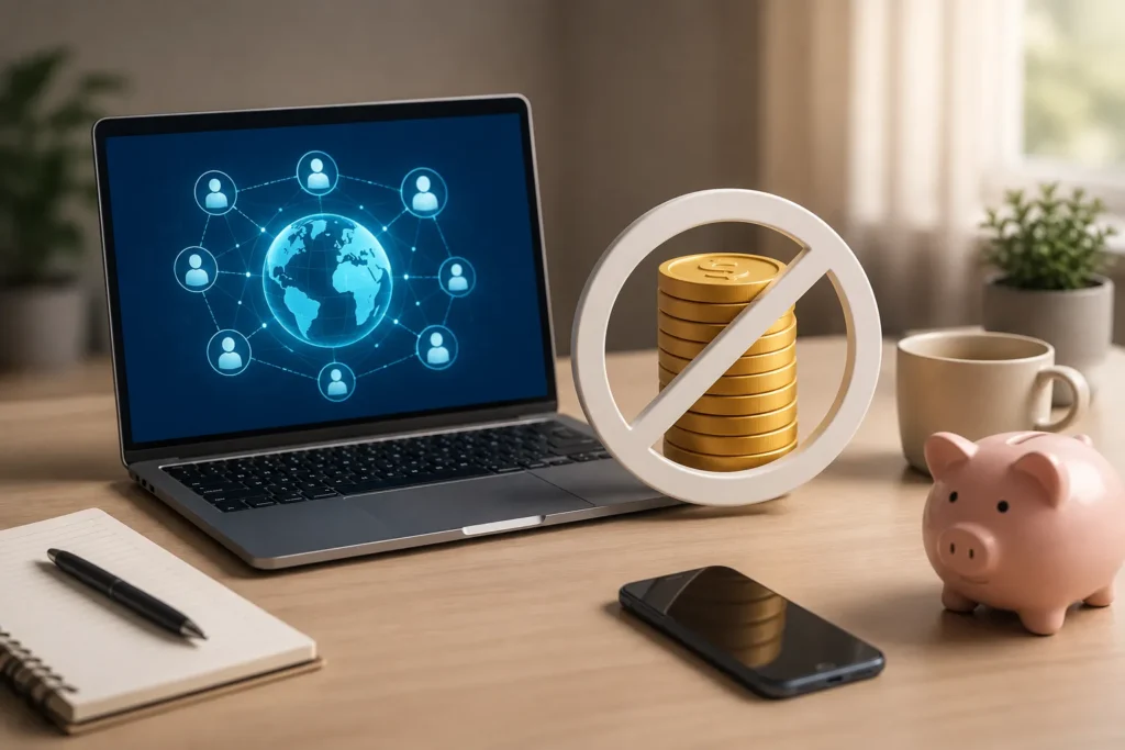 Ilustra&ccedil;&atilde;o representando formas de ganhar dinheiro na internet sem investimento inicial utilizando um computador e estrat&eacute;gias digitais.