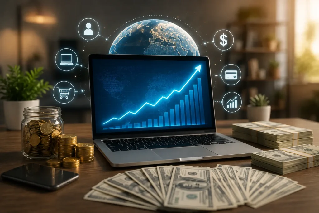 Ilustra&ccedil;&atilde;o representando o potencial de ganhar dinheiro na internet por meio de estrat&eacute;gias digitais, com gr&aacute;ficos de crescimento e ganhos online.