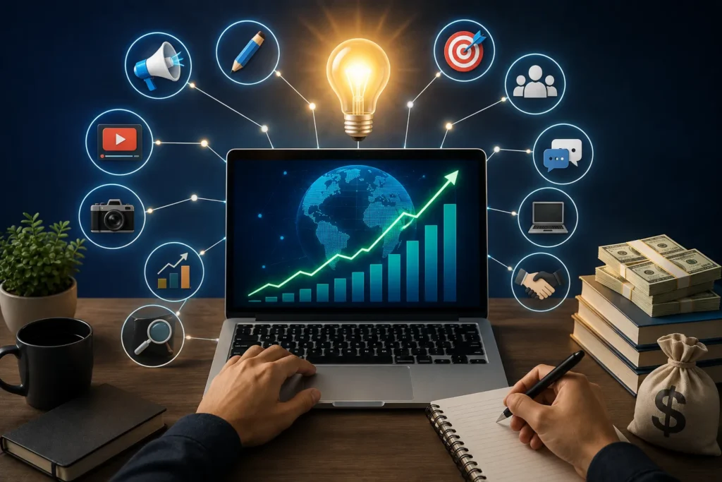 Ilustra&ccedil;&atilde;o representando as principais habilidades para ganhar dinheiro na internet, como marketing digital, cria&ccedil;&atilde;o de conte&uacute;do, comunica&ccedil;&atilde;o e aprendizado cont&iacute;nuo.