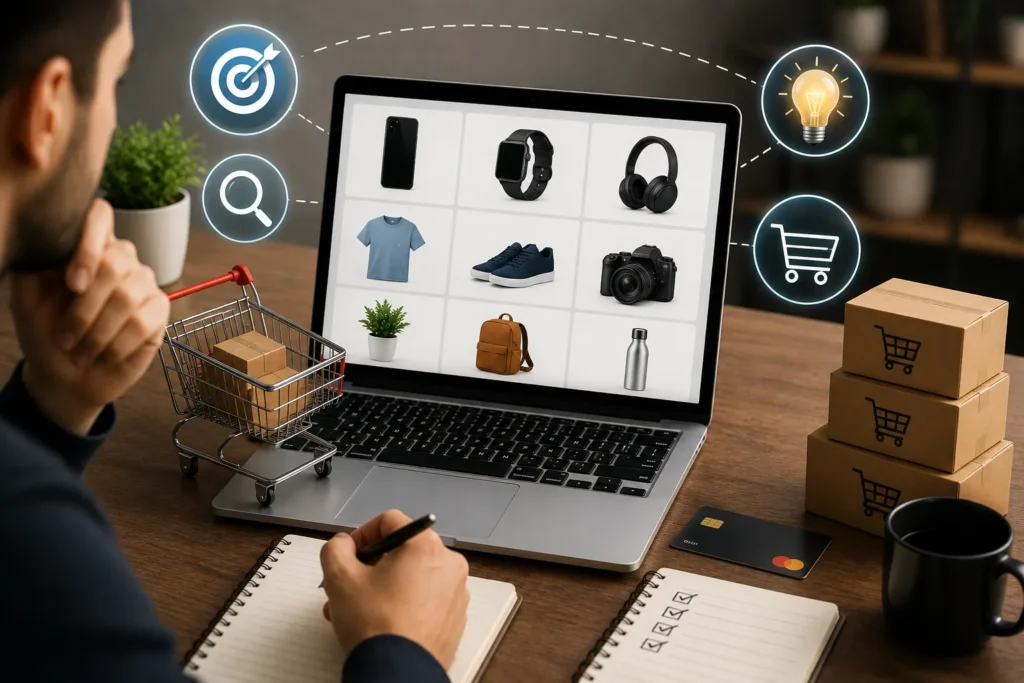 Pessoa analisando diferentes produtos em um notebook enquanto planeja qual op&ccedil;&atilde;o vender pela internet.