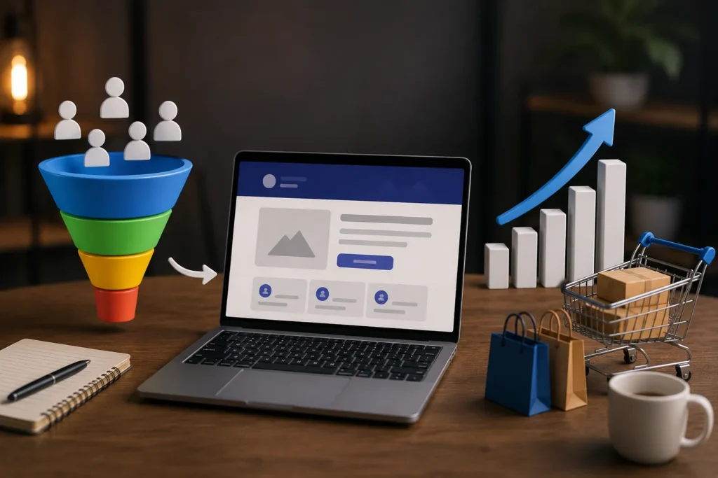 Ilustra&ccedil;&atilde;o de uma landing page exibida em um notebook com layout limpo, formul&aacute;rio de cadastro e elementos visuais voltados para convers&atilde;o.