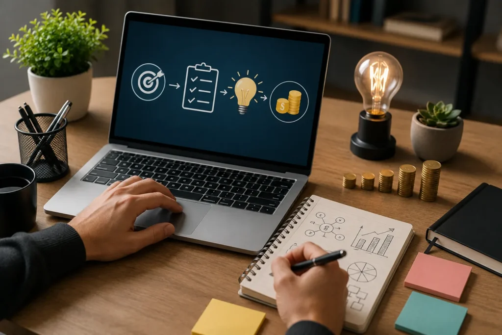 Pessoa planejando uma estrat&eacute;gia digital em um notebook, organizando ideias, metas e a&ccedil;&otilde;es para desenvolver um projeto online.