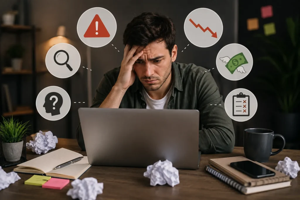 Pessoa preocupada diante de um notebook enquanto analisa erros e desafios comuns ao iniciar um projeto no mercado digital.