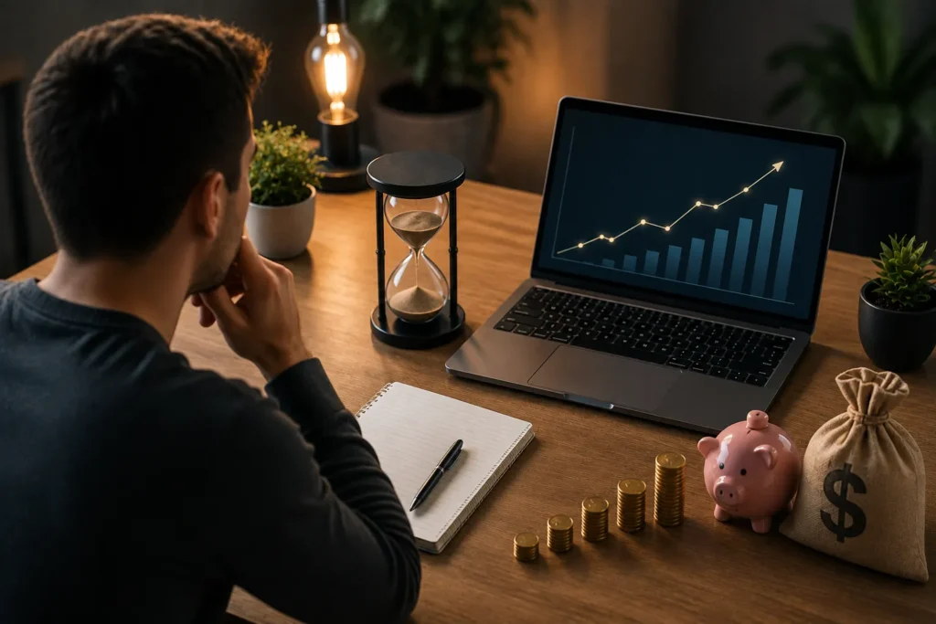 Pessoa observando um gr&aacute;fico de crescimento no notebook enquanto planeja sua evolu&ccedil;&atilde;o financeira e acompanha os primeiros resultados de um projeto online.