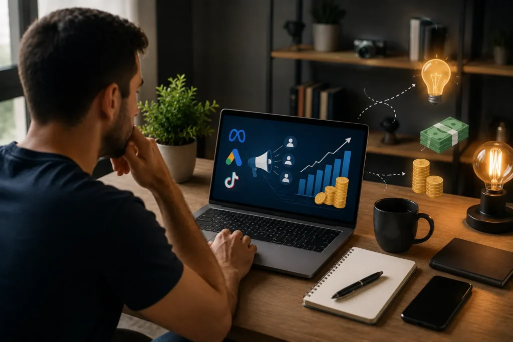 Pessoa estudando estrat&eacute;gias de an&uacute;ncios digitais em um notebook, analisando gr&aacute;ficos de desempenho e planejamento de campanhas para aumentar resultados online.