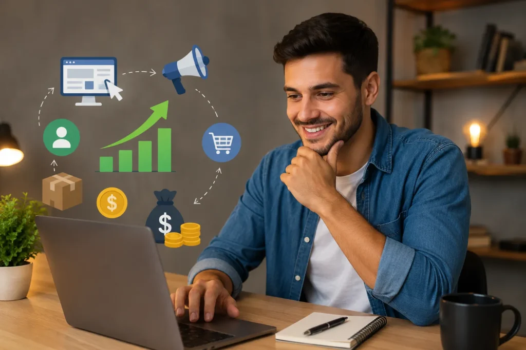 Pessoa trabalhando no notebook para ganhar dinheiro como afiliado utilizando estratégias de marketing digital e divulgação de produtos online.