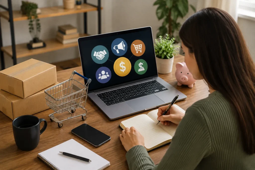 Pessoa planejando estrat&eacute;gias para ganhar dinheiro como afiliado utilizando notebook, marketing digital e ferramentas de vendas online.