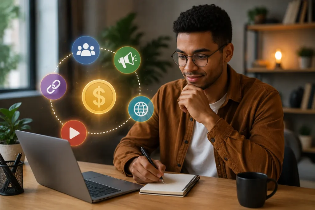Pessoa trabalhando no notebook para ganhar dinheiro como afiliado sem investir, utilizando estrat&eacute;gias de tr&aacute;fego org&acirc;nico e marketing digital.