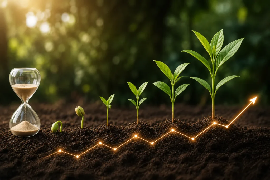 Ilustra&ccedil;&atilde;o representando o crescimento do tr&aacute;fego org&acirc;nico ao longo do tempo com plantas em desenvolvimento e um gr&aacute;fico de evolu&ccedil;&atilde;o.