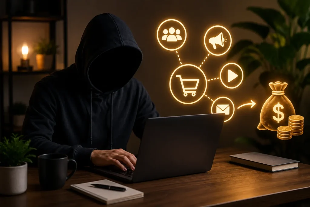 Pessoa trabalhando de forma an&ocirc;nima no notebook para ganhar dinheiro como afiliado sem aparecer, utilizando estrat&eacute;gias de marketing digital e divulga&ccedil;&atilde;o online.