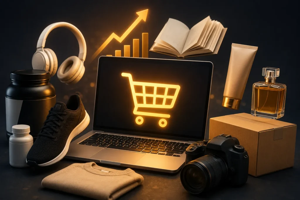 Produtos populares para afiliados organizados ao redor de um notebook com &iacute;cone de carrinho de compras, incluindo suplementos, fones de ouvido, t&ecirc;nis, c&acirc;mera, livro, perfume, cosm&eacute;ticos e caixa de envio, simbolizando os nichos que mais vendem no marketing de afiliados.