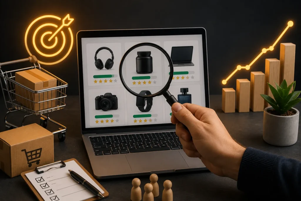 Pessoa analisando produtos em um notebook com uma lupa, enquanto gr&aacute;ficos de crescimento, carrinho de compras, avalia&ccedil;&otilde;es e caixas de entrega representam a escolha de produtos com alta convers&atilde;o para marketing de afiliados.