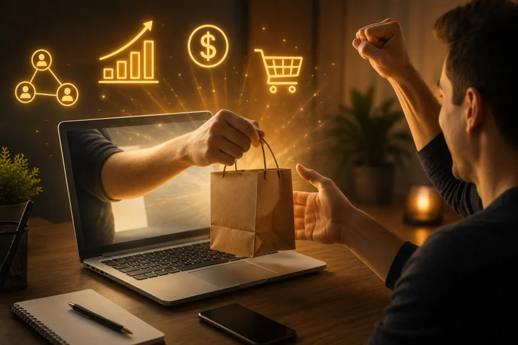 Pessoa comemorando a primeira venda como afiliado enquanto recebe simbolicamente um pacote saindo da tela de um notebook, representando o sucesso nas vendas online e no marketing de afiliados.