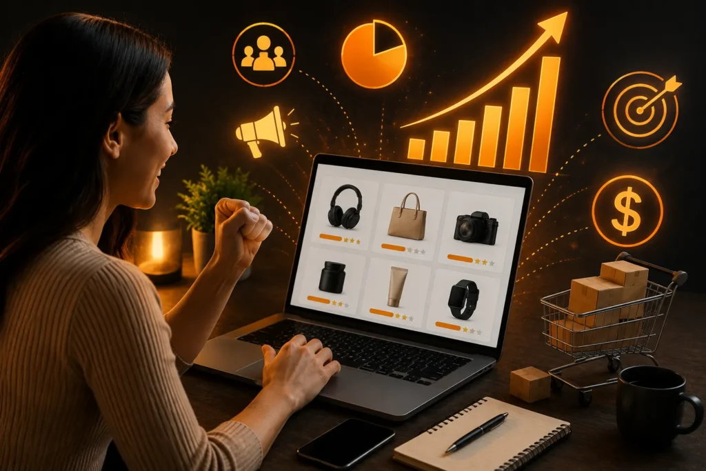 Mulher trabalhando em um notebook com uma loja virtual aberta, cercada por gr&aacute;ficos de crescimento, &iacute;cones de marketing, carrinho de compras e indicadores de vendas, representando estrat&eacute;gias para aumentar as vendas como afiliado.