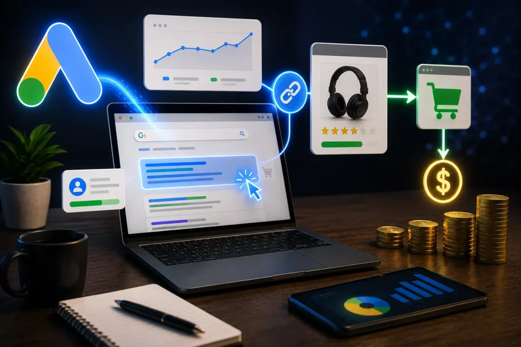 Notebook exibindo uma campanha de an&uacute;ncios online conectada a produtos, carrinho de compras, gr&aacute;ficos de desempenho e moedas, representando o uso do Google Ads para promover produtos como afiliado e aumentar as vendas.