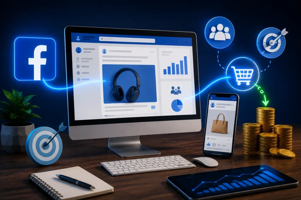 Computador exibindo uma campanha em rede social conectado a um smartphone, carrinho de compras, p&uacute;blico-alvo, gr&aacute;ficos de desempenho e moedas, representando o uso do Facebook Ads para promover produtos como afiliado.