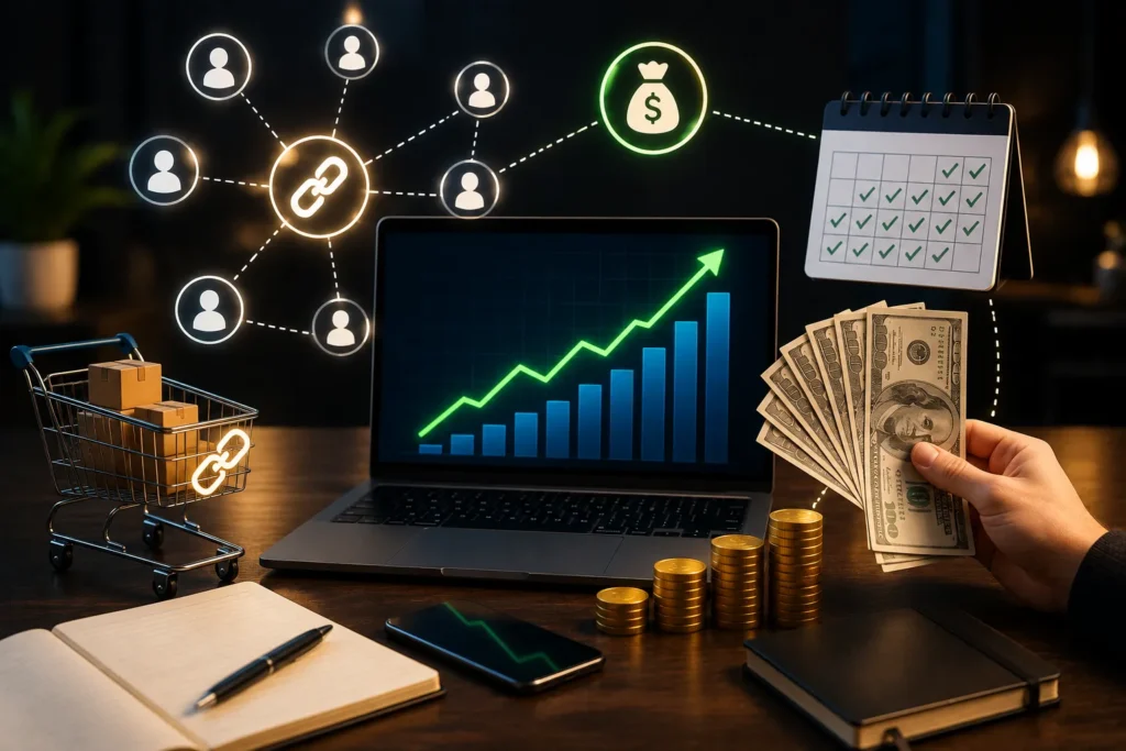 Notebook com gr&aacute;fico de crescimento, calend&aacute;rio, moedas, carrinho de compras e conex&otilde;es de afiliados, simbolizando estrat&eacute;gias para gerar renda recorrente todos os meses com marketing de afiliados.