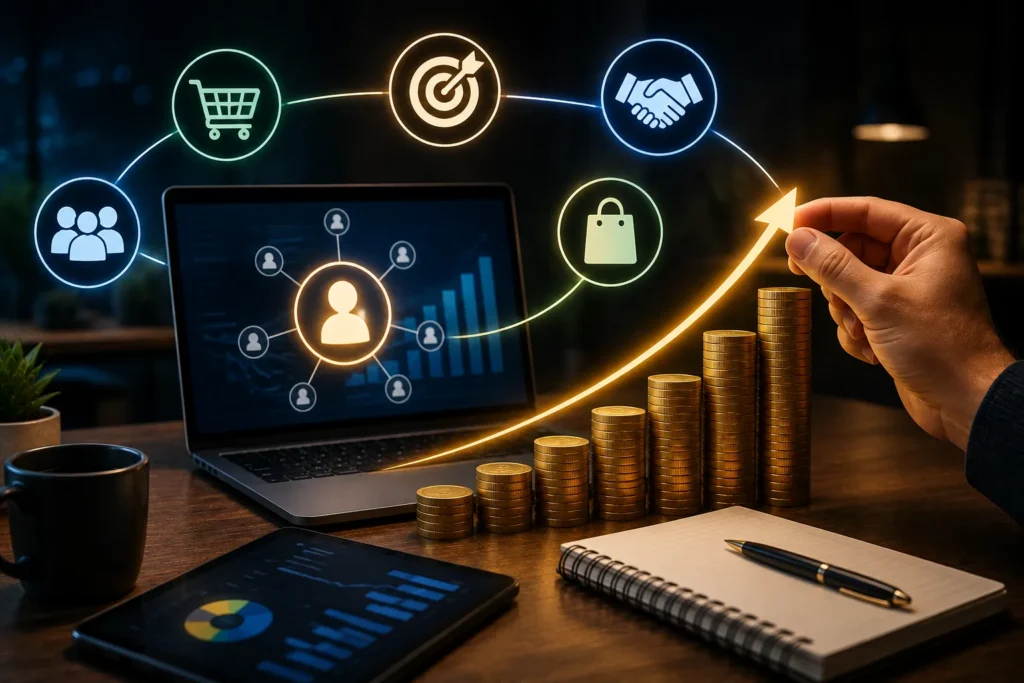 Notebook com gr&aacute;ficos de crescimento, pilhas de moedas, seta ascendente e &iacute;cones de marketing digital, representando estrat&eacute;gias para aumentar as comiss&otilde;es no marketing de afiliados.
