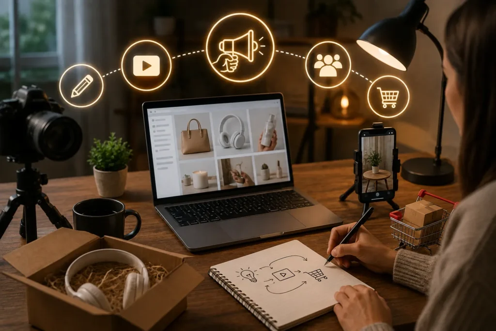 Criadora de conte&uacute;do planejando publica&ccedil;&otilde;es em um notebook enquanto utiliza c&acirc;mera, smartphone, laptop e produtos para grava&ccedil;&atilde;o, representando a produ&ccedil;&atilde;o de conte&uacute;do para vender produtos de afiliado.