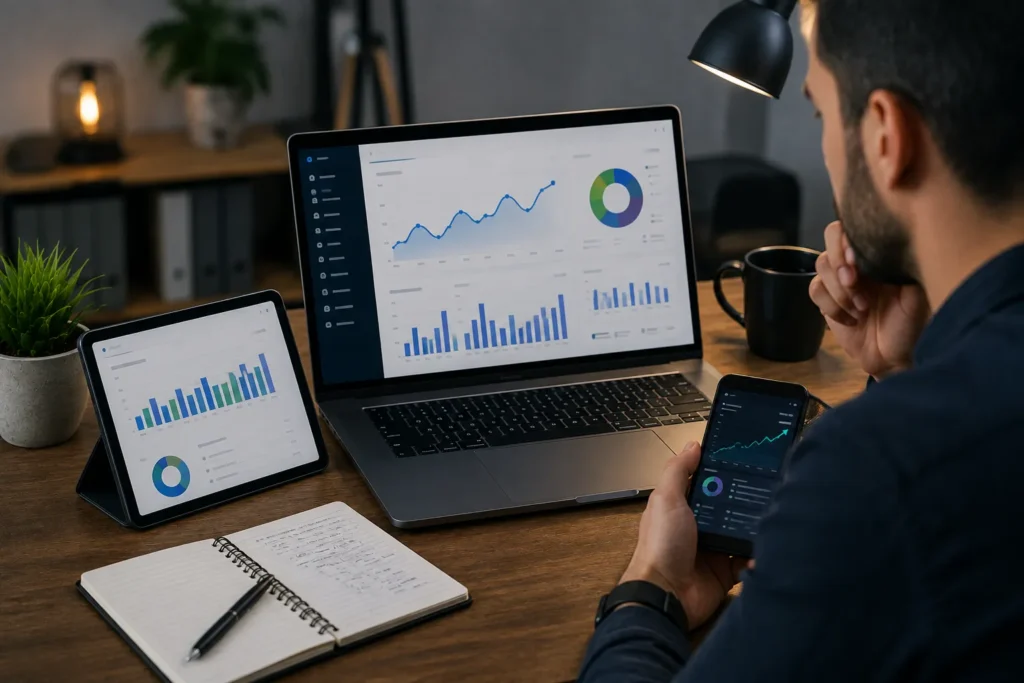 Pessoa analisando gr&aacute;ficos de desempenho em notebook, tablet e smartphone, acompanhando m&eacute;tricas de vendas e resultados do marketing de afiliados em um ambiente de trabalho moderno.