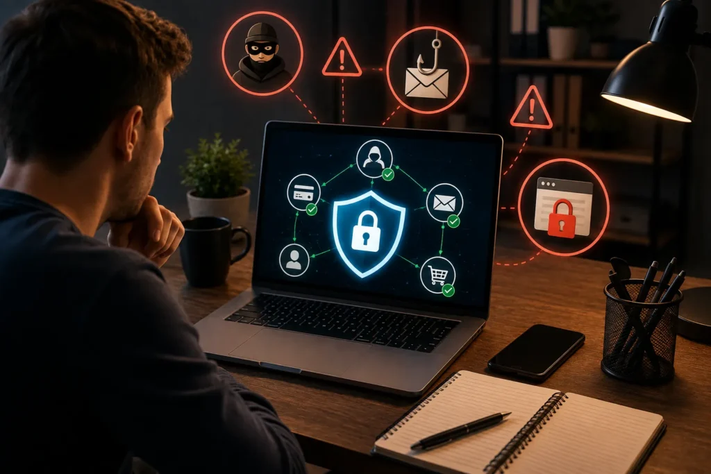 Pessoa analisando a seguran&ccedil;a de uma plataforma de afiliados em um notebook, com &iacute;cones de cadeado, escudo, alertas de fraude e tentativas de phishing, representando a preven&ccedil;&atilde;o contra golpes no marketing de afiliados.